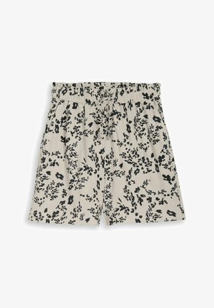 Beige shorts with black abstract floral print, elastic waistband, and front drawstring, laid flat on a white background.