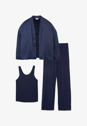 Ensemble de vêtements d'intérieur bleu marine comprenant une veste ouverte à motifs avec cordon de serrage à l'avant, un débardeur sans manches et un pantalon à jambes larges, le tout en tissu doux.
