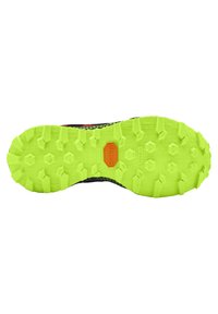 Suola Vibram di un vivace giallo neon con lugs di trazione esagonali e logo centrale. Superficie testurizzata e design resistente per la presa.