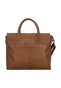 Braune Leder-Tote mit zwei Henkel oben, einem abnehmbaren Schultergurt und einer Fronttasche. Glatte Textur mit minimalen Nähten.