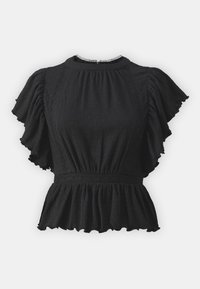 Čierny peplum top vyrobený z textúrovanej látky, s krátkymi volánovými rukávmi, vysokým výstrihom a čipkovými akcentmi pozdĺž pása a ramien.