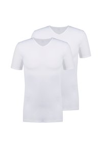 Two short-sleeve, white V-neck t-shirts made from a smooth fabric, featuring a classic fit and no visible patterns or accents.