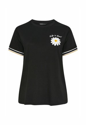 Black short-sleeve t-shirt with white and yellow striped cuffs, featuring a white daisy with a yellow heart center and "Life is Good" text on chest.