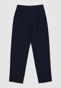 Pantaloni blu navy con vita alta, pieghe frontali e due tasche laterali. Realizzati in tessuto morbido con una vestibilità su misura.