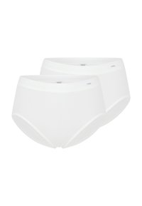Mutande hipster in cotone bianco, texture morbida, design senza cuciture, con una sottile cintura elasticizzata e un piccolo logo. Inclusi due paia.