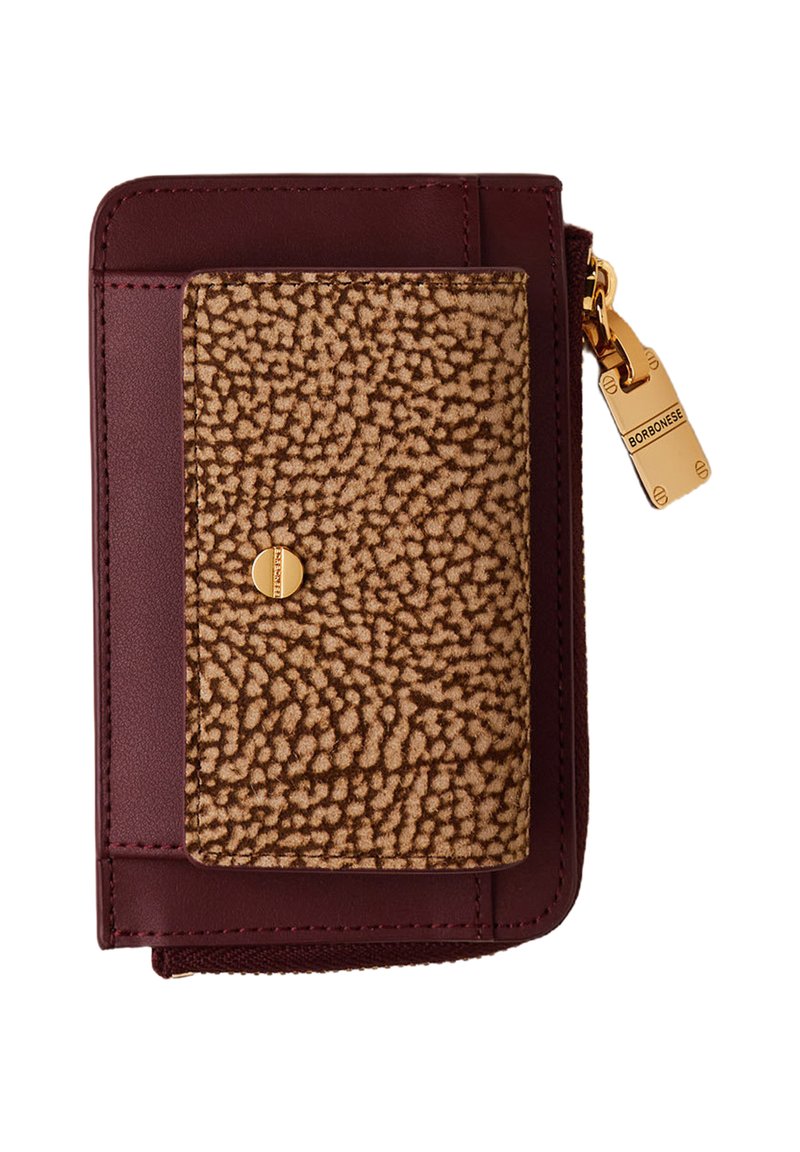 Burgundy leather wallet with a textured brown accent, featuring a gold zipper and hardware, and a circular logo embedded on the front.