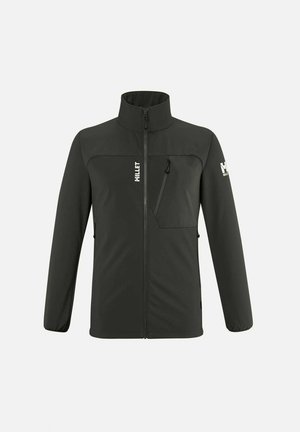 Veste softshell noire avec un col haut, une fermeture éclair sur toute la longueur à l'avant et une poche poitrine zippée. Présente un design minimaliste et un tissu léger.