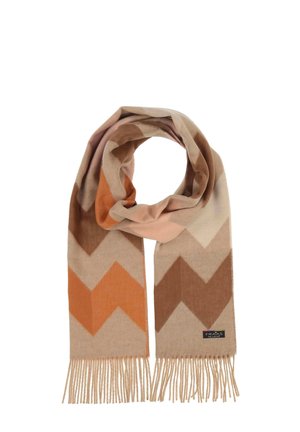 Wool-blend scarf featuring a chevron pattern in shades of beige, brown, and orange, with fringe detailing at the ends.
