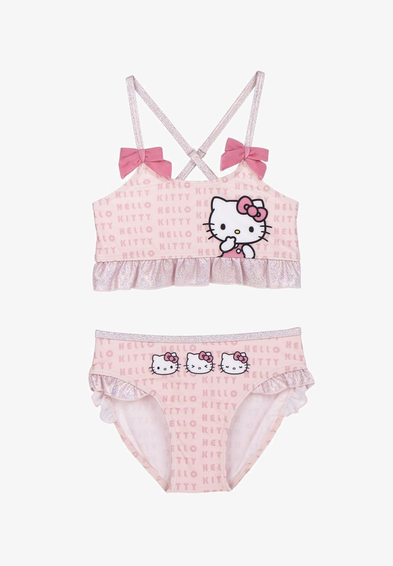 Costume da bagno per bambini Hello Kitty rosa a due pezzi con spalline a fiocco, bordi arricciati e motivo a testo ripetuto "Hello Kitty".