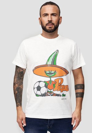 White cotton t-shirt featuring a colorful graphic of a cartoon character with a large sombrero and soccer ball.