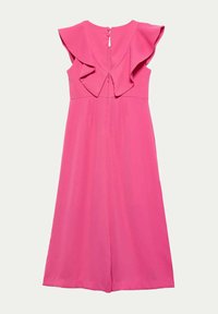 Abito rosa con scollatura a volant e chiusura con bottoni sul retro. Tessuto morbido, vita aderente e design della gonna dritta.