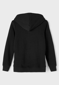 Schwarzer Hoodie aus weichem Stoff, mit langen Ärmeln und verstellbarem Kapuzenzug. Verfügt über einen gerippten Bund und Bündchen, keine sichtbaren Marken oder Muster.