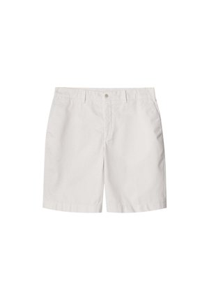 White cotton shorts with a flat front, two front pockets, and a button closure. Simple design with no patterns or visible hardware accents.