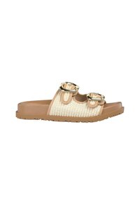 Tan slidesandalen met geweven beige bovenkant, dubbele gespdetails en een gestructureerde rubberen zool voor grip. Stijlvol en toch praktisch ontwerp.