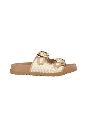 Tan slide sandal with woven beige upper, dual buckle accents, and textured rubber sole for grip. Stylish yet practical design.