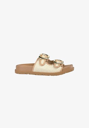 Sandale à glissière tan avec un dessus tissé beige, accents de double boucle et semelle en caoutchouc texturé pour une meilleure adhérence. Un design à la fois élégant et pratique.