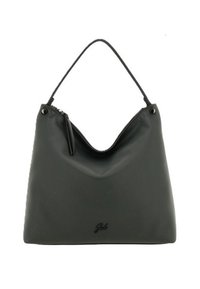 Borsa hobo in pelle nera con una texture liscia, un manico singolo e una chiusura con zip. Presenta un discreto dettaglio del logo vicino alla base.