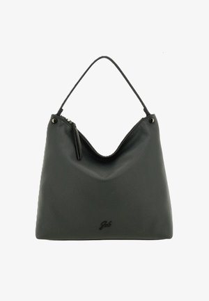 Borsa hobo in pelle nera con una texture liscia, un manico singolo e una chiusura con zip. Presenta un discreto dettaglio del logo vicino alla base.