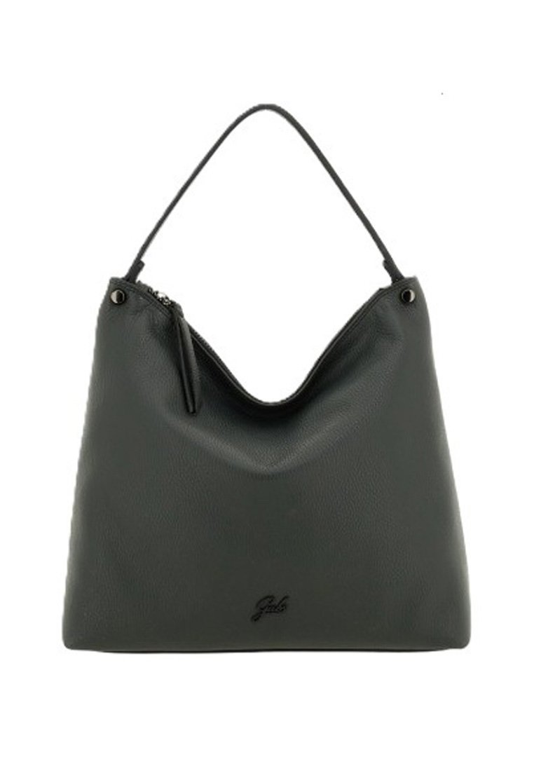 Borsa hobo in pelle nera con una texture liscia, un manico singolo e una chiusura con zip. Presenta un discreto dettaglio del logo vicino alla base.