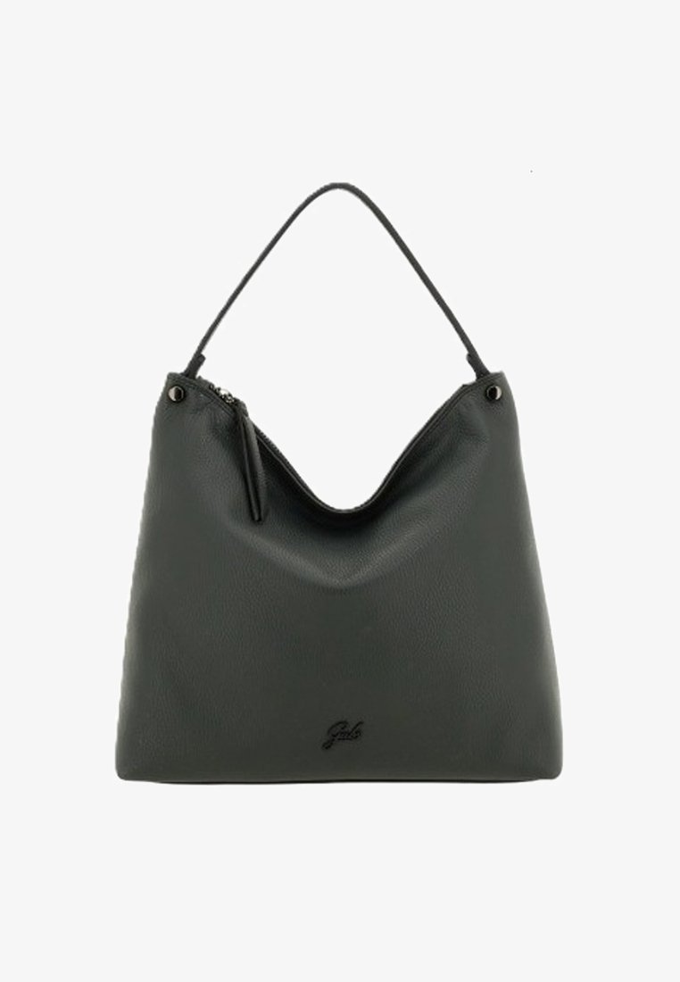 Borsa hobo in pelle nera con una texture liscia, un manico singolo e una chiusura con zip. Presenta un discreto dettaglio del logo vicino alla base.