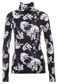 Long-sleeve turtleneck top in a black fabric with a floral print in white and light purple. Soft texture, form-fitting design.