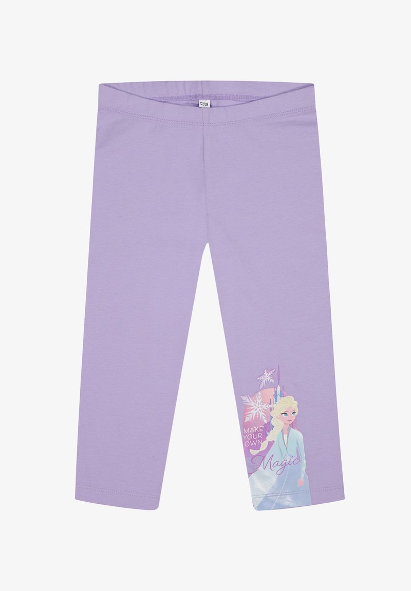 Leggings lilas en mélange de coton, avec une impression sur le côté d'un personnage sur un fond givré et le texte "Créez votre propre magie."