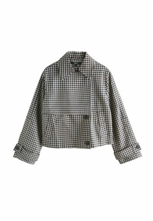 Cropped jacket featuring a blue and white gingham pattern, made from a smooth fabric with button accents and large side pockets.
