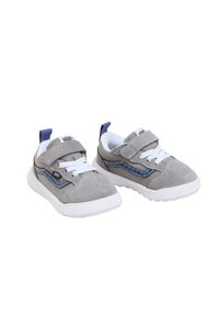 Sneakers in suede grigio con suole bianche, accenti blu e chiusura con lace e Velcro. Presentano una parte superiore testurizzata e dettagli cuciti.