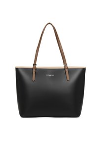 Borsa tote nera con materiale liscio, manici in pelle marrone e un bordo superiore beige a contrasto. Presenta il logo sulla parte anteriore.