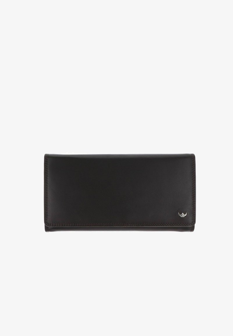 Portefeuille rectangulaire en cuir noir avec des bords cousus et un petit logo argenté en bas à droite, présenté fermé sur fond blanc.