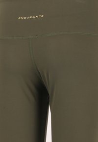 Olivgrön atletiska leggings med en åtsittande design. Har en slät textur och en kontrasterande guld "ENDURANCE"-logotyp vid midjan.