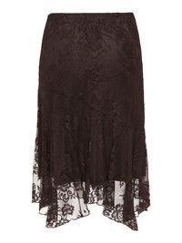 Jupe midi en dentelle noire avec motif floral et ourlet asymétrique, présentant une coupe légèrement évasée et une partie inférieure semi-transparente.