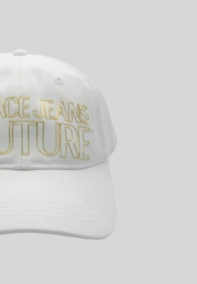 Cappellino bianco in drill di cotone con le scritte "SPACE JEANS" e "FUTURE" ricamate in filo oro. Visiera curva e cinturino regolabile sul retro.