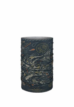 Dark-colored multifunctional neck gaiter with abstract aquatic and natural patterns in muted orange, yellow, and gray tones.