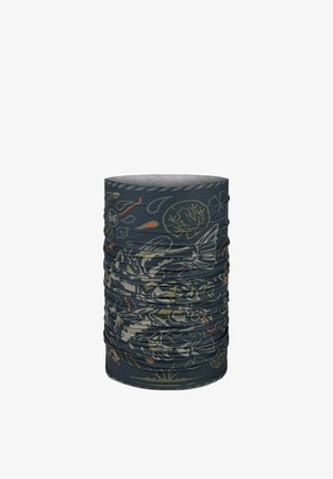 Dark-colored multifunctional neck gaiter with abstract aquatic and natural patterns in muted orange, yellow, and gray tones.
