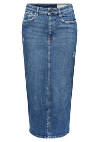 Denimová sukně ve středně modré barvě, délka ke kolenům, rovného střihu, s předními kapsami, viditelným prošíváním a drobnými opotřebenými detaily.