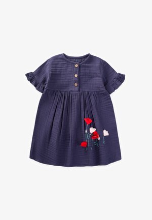 Navy Baumwollkleid mit kurzen rüschierten Ärmeln, fünf Holzknöpfen und floraler Stickerei in Rot und Pink am Saum. Plissierter Rock.