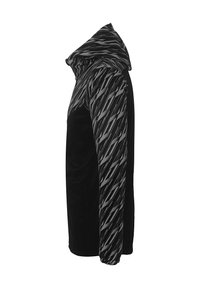 Hættejakke med en sort krop og et mønstret grå og sort design på ærmerne. Blød tekstur og afslappet pasform.