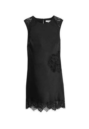 Schwarzes ärmelloses Kleid mit Spitzenakzenten an den Schultern und dem Saum. Glatte Satin Oberfläche mit aufwendigen Spitzenverzierungen. Reißverschluss hinten.