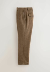 Brown checkered trousers featuring a tailored design, front pleats, and a back pocket with a button closure, resting flat against a light background.