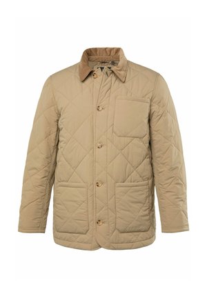 Veste matelassée beige avec un col en velours côtelé, fermeture à bouton et deux poches à l'avant. Présente une couture en motif losange.