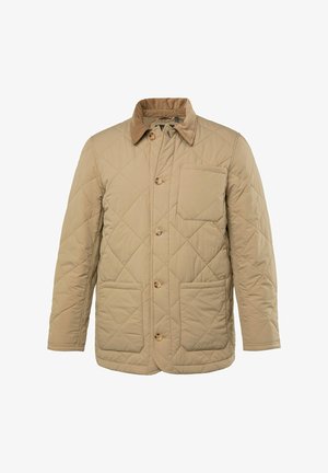 Beige gewatteerde jas met een corduroy kraag, knoopsluiting en twee voorzakken. Heeft een ruitvormig stiksel.