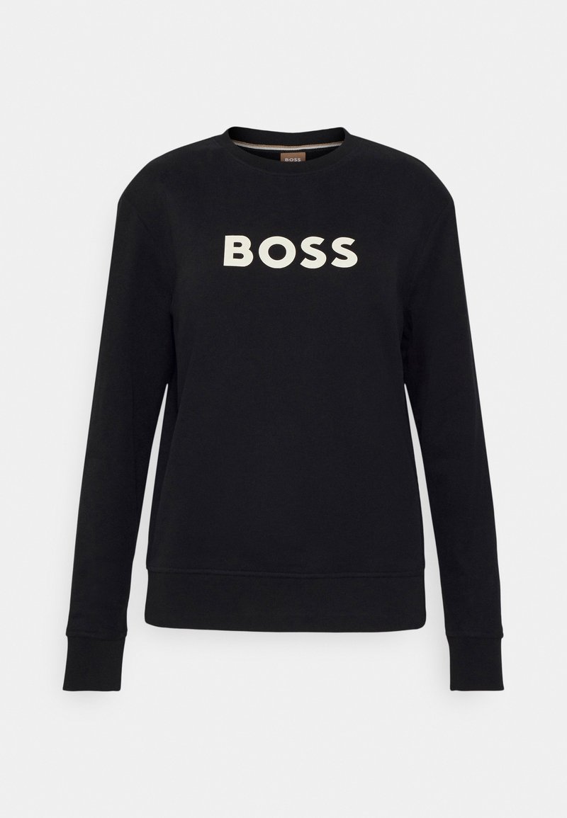 Sweat-shirt noir à manches longues avec le mot « BOSS » imprimé en grandes lettres blanches majuscules sur la poitrine.