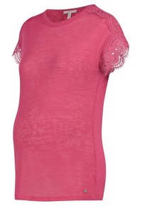 Camiseta de maternidad rosa hecha de tela suave. Presenta mangas cortas con acentos de encaje. Textura suave, escote redondeado y un ajuste relajado.