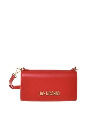 Rød rektangulær Love Moschino pung med aftagelig strop og guld metal logo på forsiden.