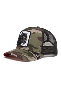 Cappellino da baseball camuffato con retro in rete nera, dotato di una patch di un puma sul davanti e un accento rosso sulla visiera.