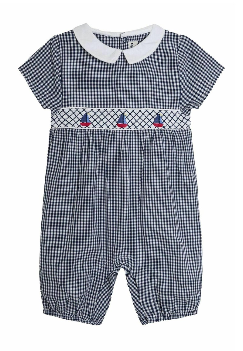 Tumesinine ginghami jumpsuit lühikeste varrukatega, valge krae ja tikitud jahi detailsed tekstuurse kootud riba peal. Elastne sääreosa.