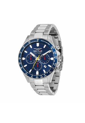 Orologio da polso cronografo in metallo argentato con quadrante blu, tre quadranti secondari rossi, lancetta dei secondi gialla, finestra della data e lunetta tachimetrica.