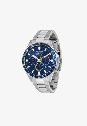 Orologio da polso cronografo in metallo argentato con quadrante blu, tre quadranti secondari rossi, lancetta dei secondi gialla, finestra della data e lunetta tachimetrica.