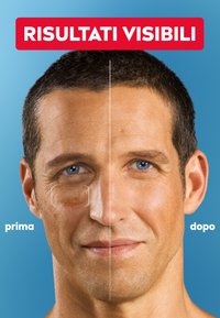 Immagine divisa che mostra il volto di un uomo con miglioramenti visibili della pelle. Il lato sinistro presenta imperfezioni; il lato destro ha la pelle più liscia. Sfondo blu.